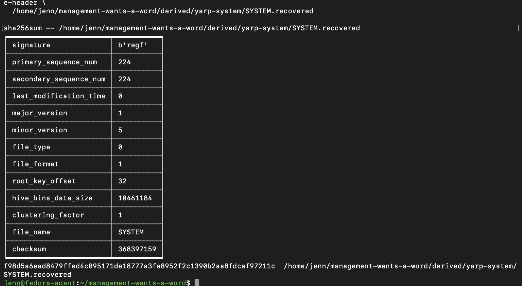 YARP-recovered SYSTEM hive with matching sequence numbers and SHA-256 hash